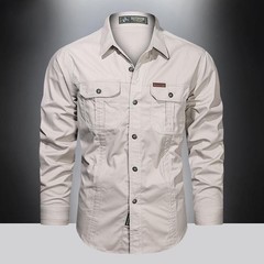 Men’s Long-Sleeve Western Shirts Cotton Button-Up Military Style