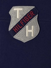 Tommy Hilfiger V-Neck T-Shirt Men’s XL Navy Blue Stripe Sleeve Crest Logo Casual