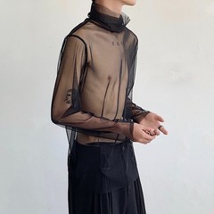 Mens Mesh Sheer Turtleneck Casual Long Sleeve Shirt For Streetwear Use