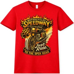 Motorcycle Speedway Just Ride Open Road Flaming Skull Racing Biker T-Shirt.