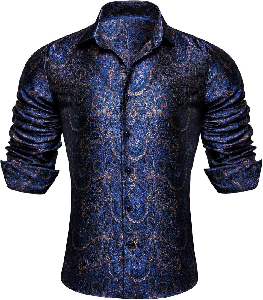 Mens Silk Paisley Western Shirt Long Sleeve Button Down Cowboy Dress Top Casual