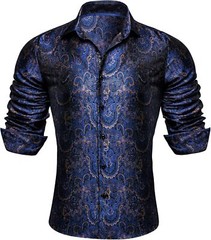 Mens Silk Paisley Western Shirt Long Sleeve Button Down Cowboy Dress Top Casual