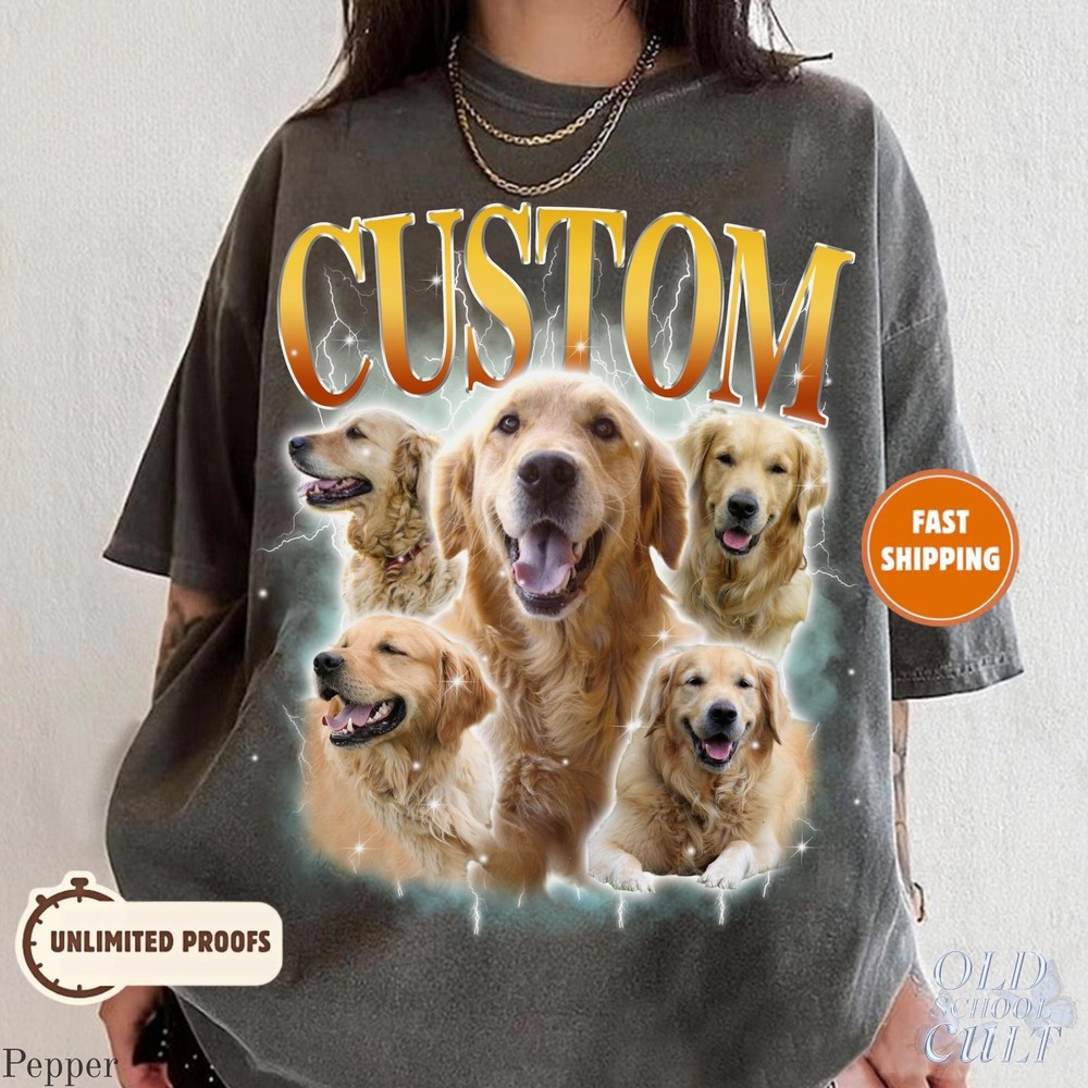 Custom Pet Portrait T-Shirt Vintage Photo Name Dog Cat Graphic Tee Gift