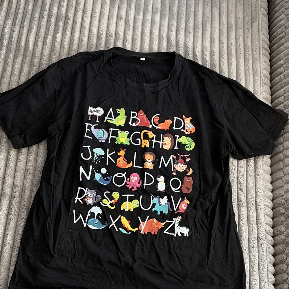 XL Animal Alphabet Graphic T-Shirt Black ABC Learning Teacher Education Tee