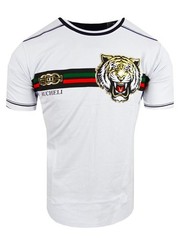 Mens White T-Shirt Designer Bucheli Italian Stripe Gold Tiger Slim Fit Crew Neck