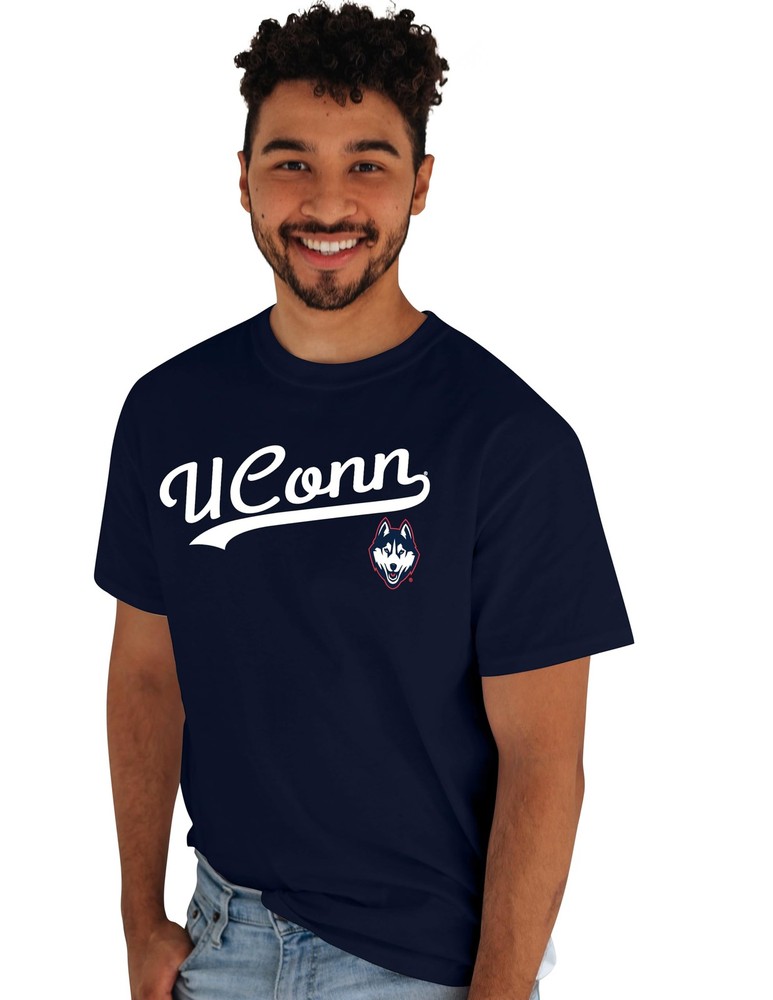 Blue 84 Mens Connecticut Huskies T-Shirt Cursive Team Color Team Color Large