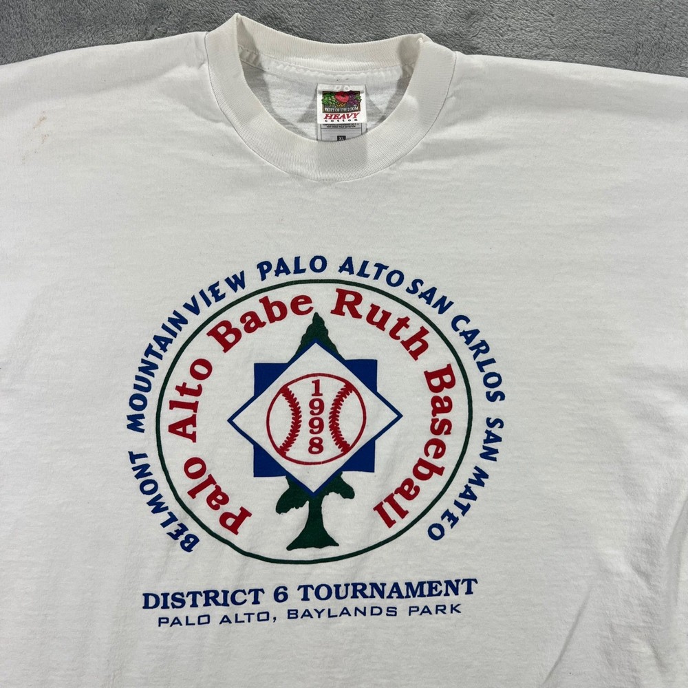 1998 Palo Alto Babe Ruth Baseball T-Shirt Mens XL White Baylands San Mateo Youth