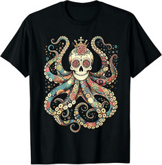 Mexican Sugar Skull Octopus T-Shirt Gothic Rose Crown Crossbones Graphic Unisex