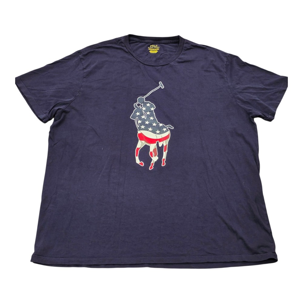 Men’s Polo Ralph Lauren Big Pony USA Flag Print Navy T-Shirt Short Sleeve Sz 2XB