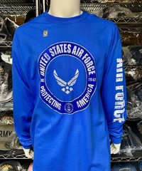 US Air Force Long Sleeve Blue T-Shirt Protecting America USAF Vet Sleeve Print