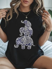 Wo Bohemian Elephant Mandala Print T-Shirt – Blue and White Ethnic Short Sleev