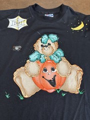 Vtg Hanes Halloween Teddy Bear Pumpkin Tee shirt Single Stitch Puff Print L USA