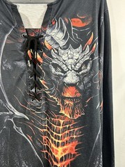 Dragon Graphic Lace Up Henley Shirt Mens 3XL Black Fire Red Long Sleeve Gothic