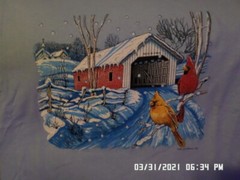NEW T-Shirt: Covered Bridge w/ Snowy Winter Scene & 2 Birds Lots of colors S-6XL