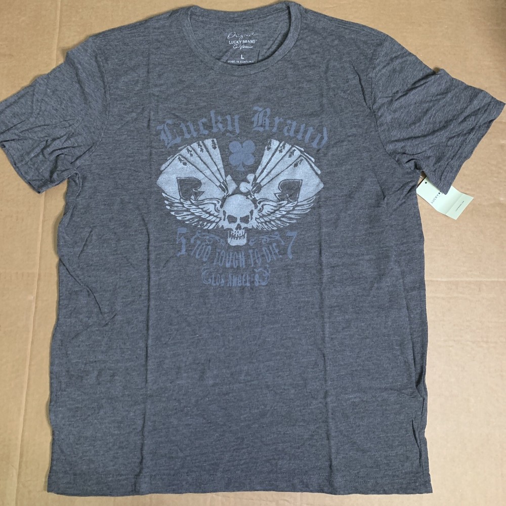 Lucky Brand (Sz M) Men’s Gray Graphic T-Shirt Too Tough To Die Poker Cards Skull
