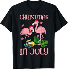 Christmas in July Pink Flamingo with Santa Hat T-Shirt