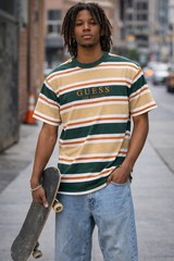 Guess Los Angeles Striped T Shirt Mens Size M Made in India VTG Green Orange Y2K