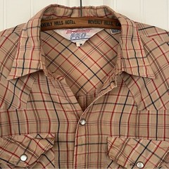 Vintage Men’s Western Shirt Neutral Plaid Pearl Snaps Button Down Medium Rodeo