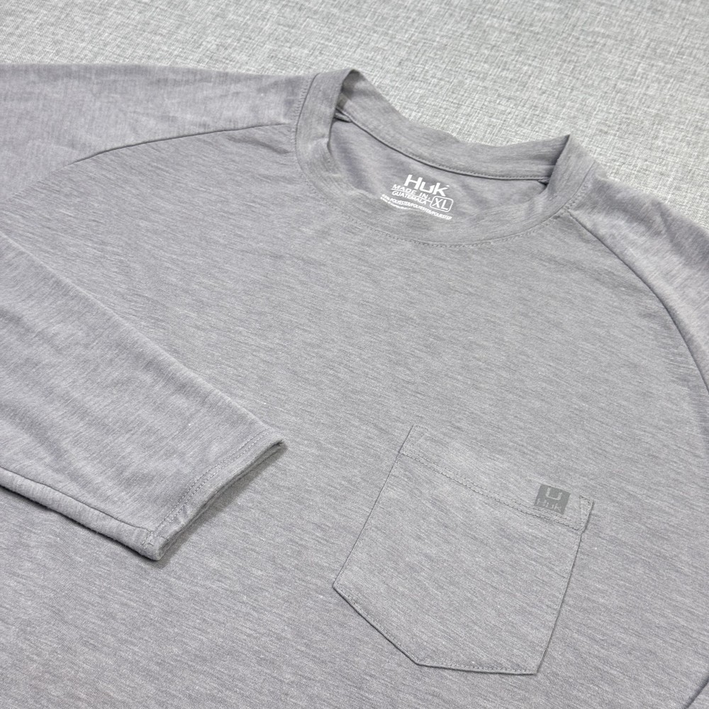 Huk Shirt Mens XL Gray Long Sleeve Crewneck Pocket Tagless Polyester Viscose