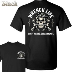 Mechanic Skull Wrench T-Shirt Dirty Hands Clean Money Graphic Tee