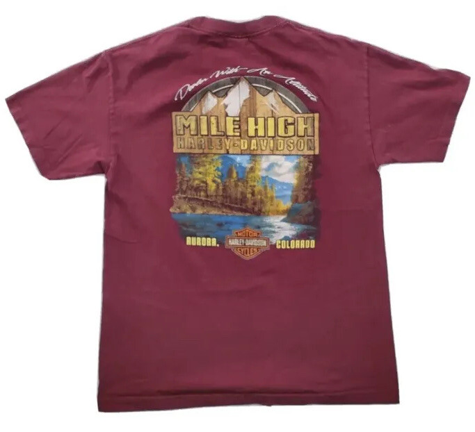 Vtg Harley Davidson T-Shirt Men L V-Twin Mile High Aurora CO Maroon Graphic 2015