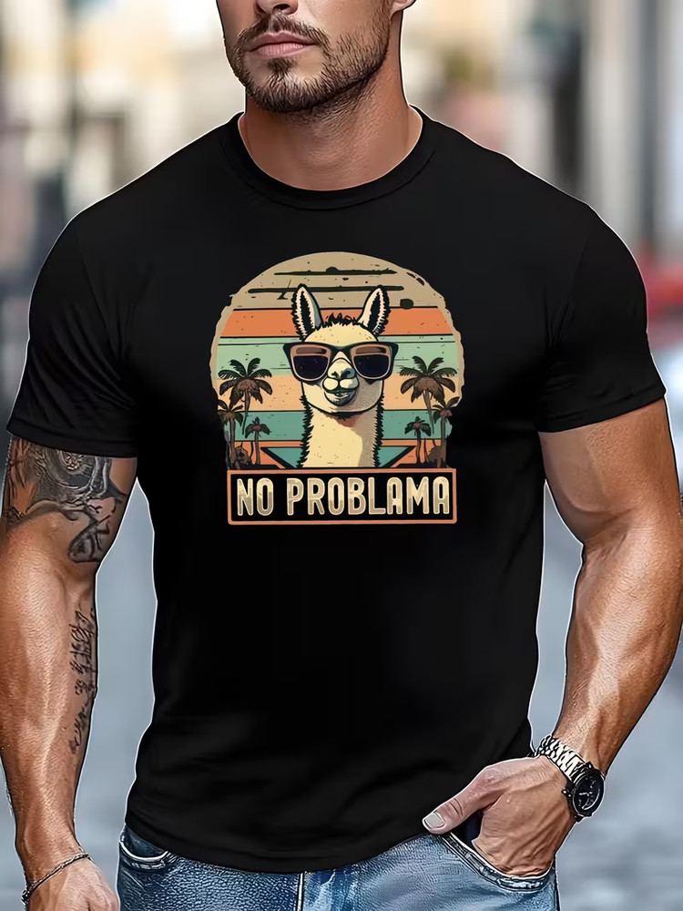 Men’s Outdoor Casual Sports T-Shirt, “NO PROBLAMA” Graphic Summer Casual Crew Ne