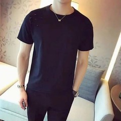 Men’s Stylish Ripped Crew Neck Cotton T-Shirt Slim Fit Short Sleeve Casual Top