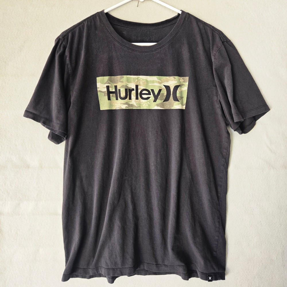 Hurley Mens Graphic T-Shirt Black Camo Box Logo Short Sleeve Crewneck L