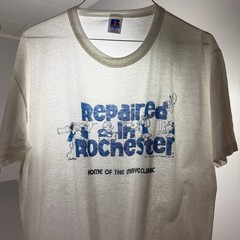 Vintage Russell Athletic Repaired in Rochester Shirt Large White 1988 Paper Thin