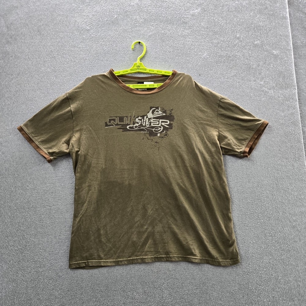 VINTAGE Quiksilver Men Shirt L/G Green Y2K Logo Short Sleeve Skater Ringer