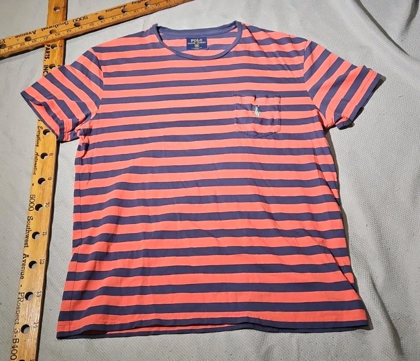Polo Ralph Lauren Shirt Mens M Blue Pink Striped Preppy Pony Casual Pocket Tee
