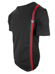 Mens T- Shirt Italian Side Sport Stripe Badge V-Neck Slim Fit Stretch Casual