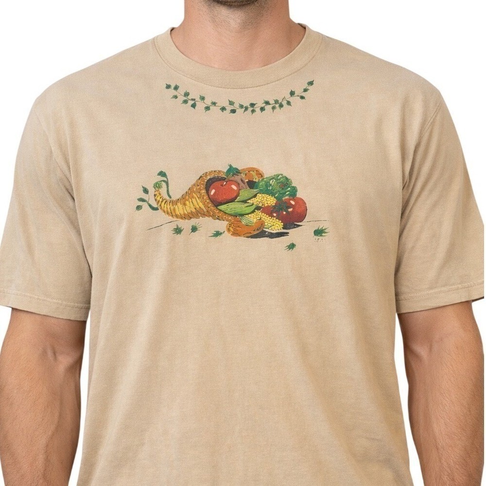 VTG 90s Jerzees Thanksgiving Cornucopia Shirt Large Tan Graphic Tee Mens USA