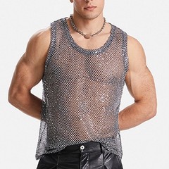 Mens Mesh Tank Top Glitter Muscle Tank Vacation Clothing Slight Stretch Clubwear
