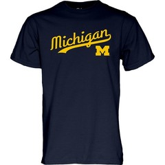 Blue 84 Mens Michigan Wolverines T-Shirt Cursive Team Color Team Color Medium