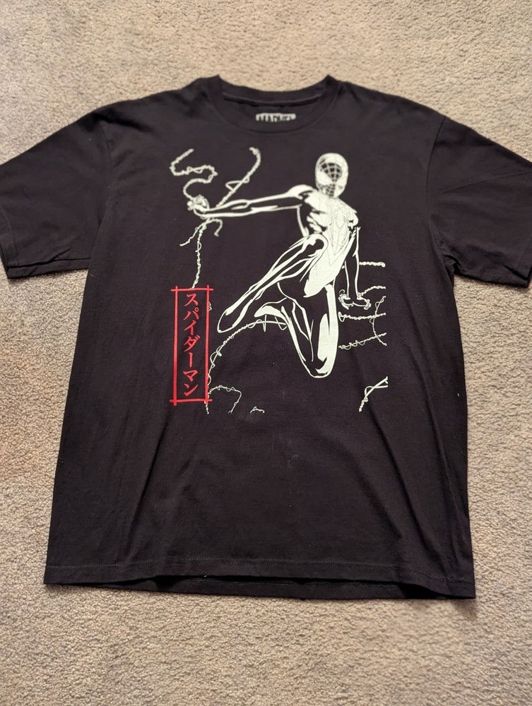 Licensed Marvel Large Black & White Spiderman Tshirt w/Red Boxed Katakana Logo