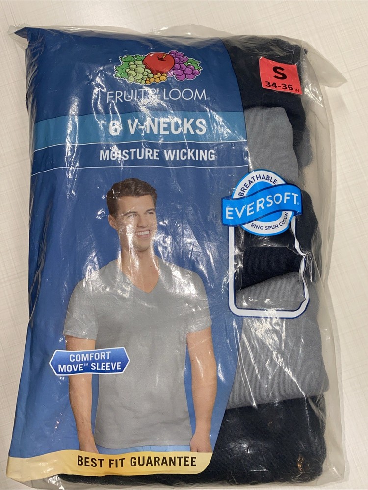 6 Pk Men’s Small Fruit of The Loom V-Necks Black Gray Moisture Wicking Soft