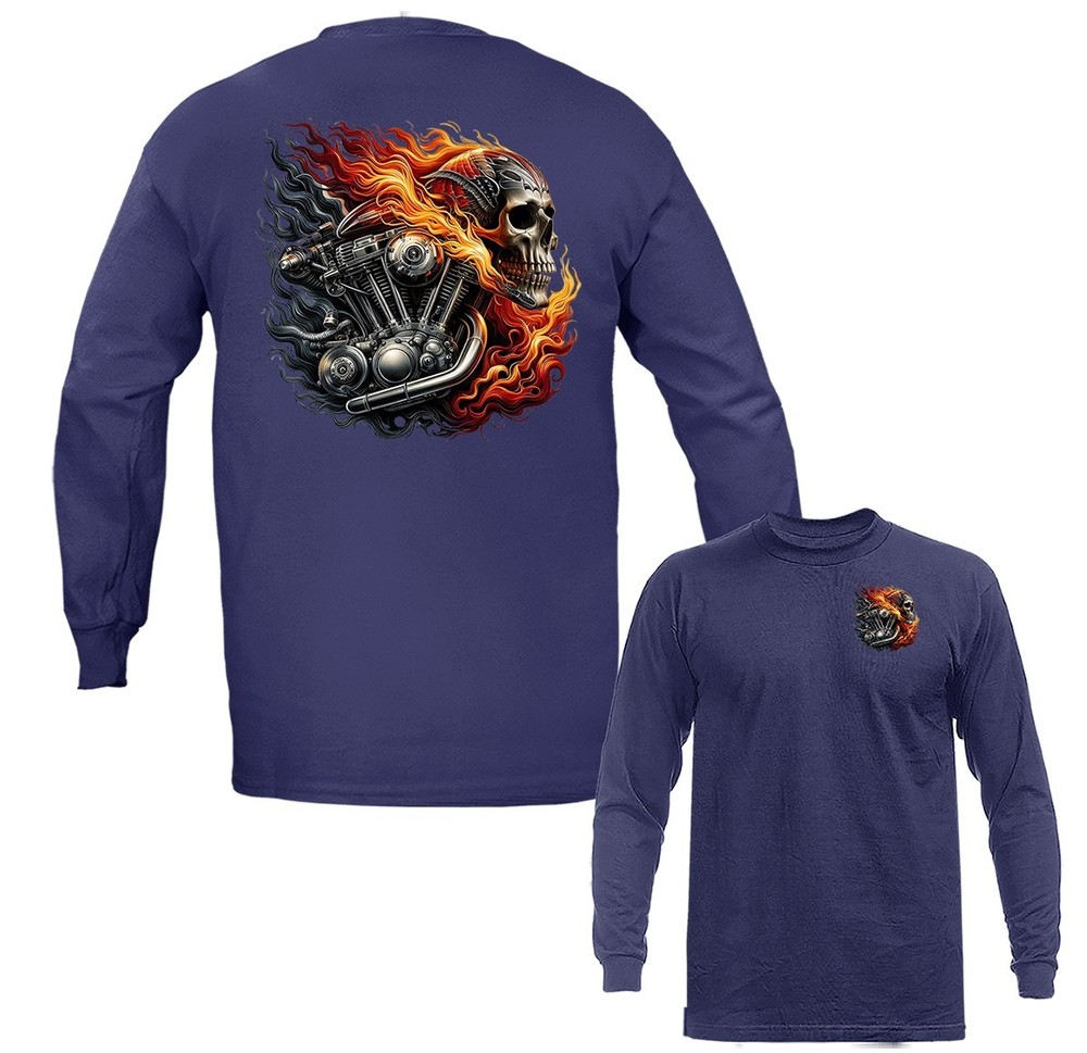Skull Motorcycle Engine Flaming Biker Long Sleeve T-Shirt