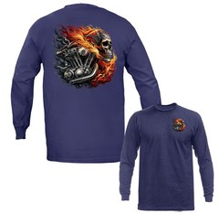 Skull Motorcycle Engine Flaming Biker Long Sleeve T-Shirt