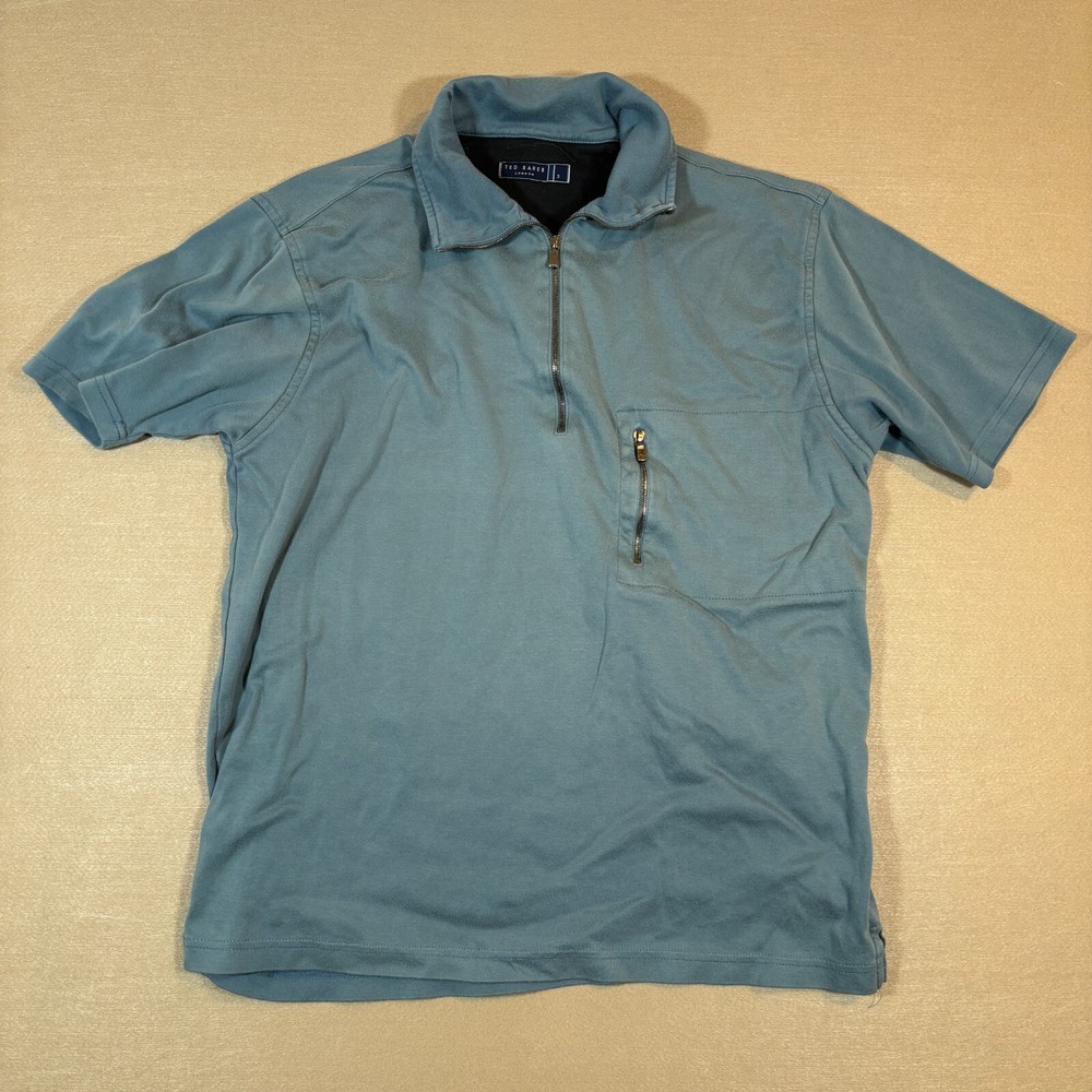 Ted Baker T Shirt Mens Medium Blue High Neck Zip Collar Pocket Summer Holiday