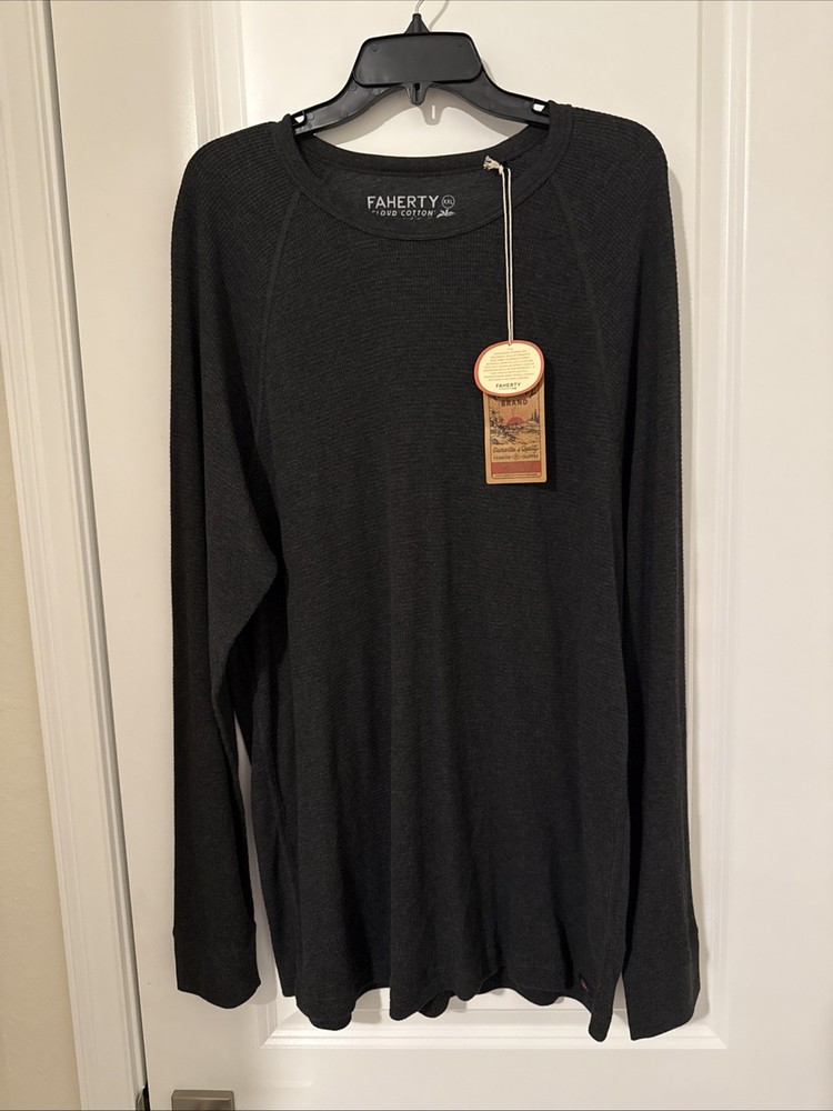 Faherty Men’s Long Sleeve Cloud Waffle Crew, Charcoal Heather, XXL