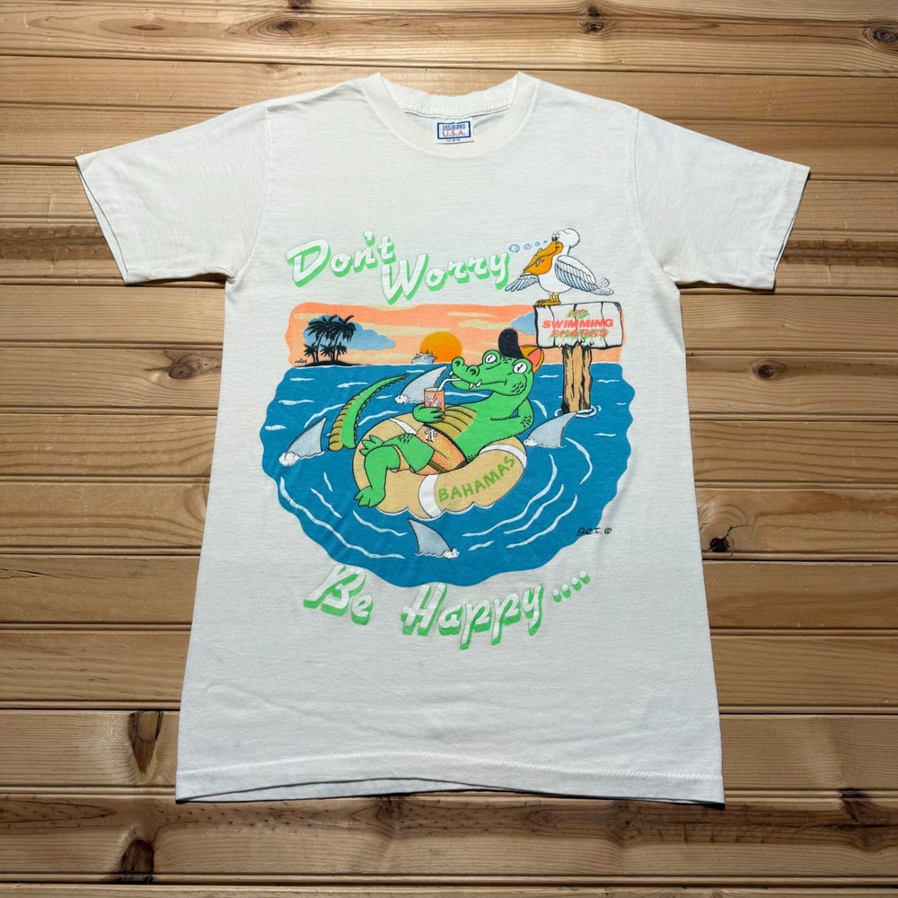 Vintage 80s Bahamas Swimming Don’t Worry Be Happy Alligator Shark T-Shirt Medium