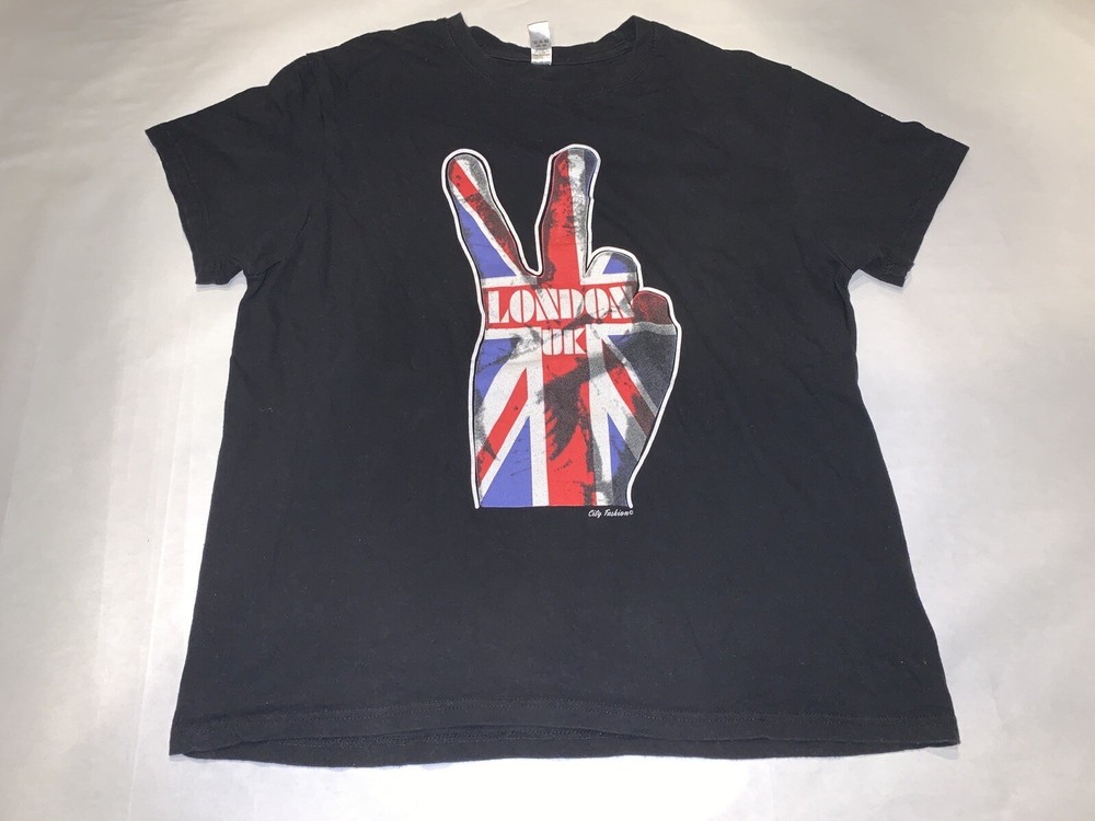 London UK City Fashion Peace Sign Black Graphic T Shirt Sz L