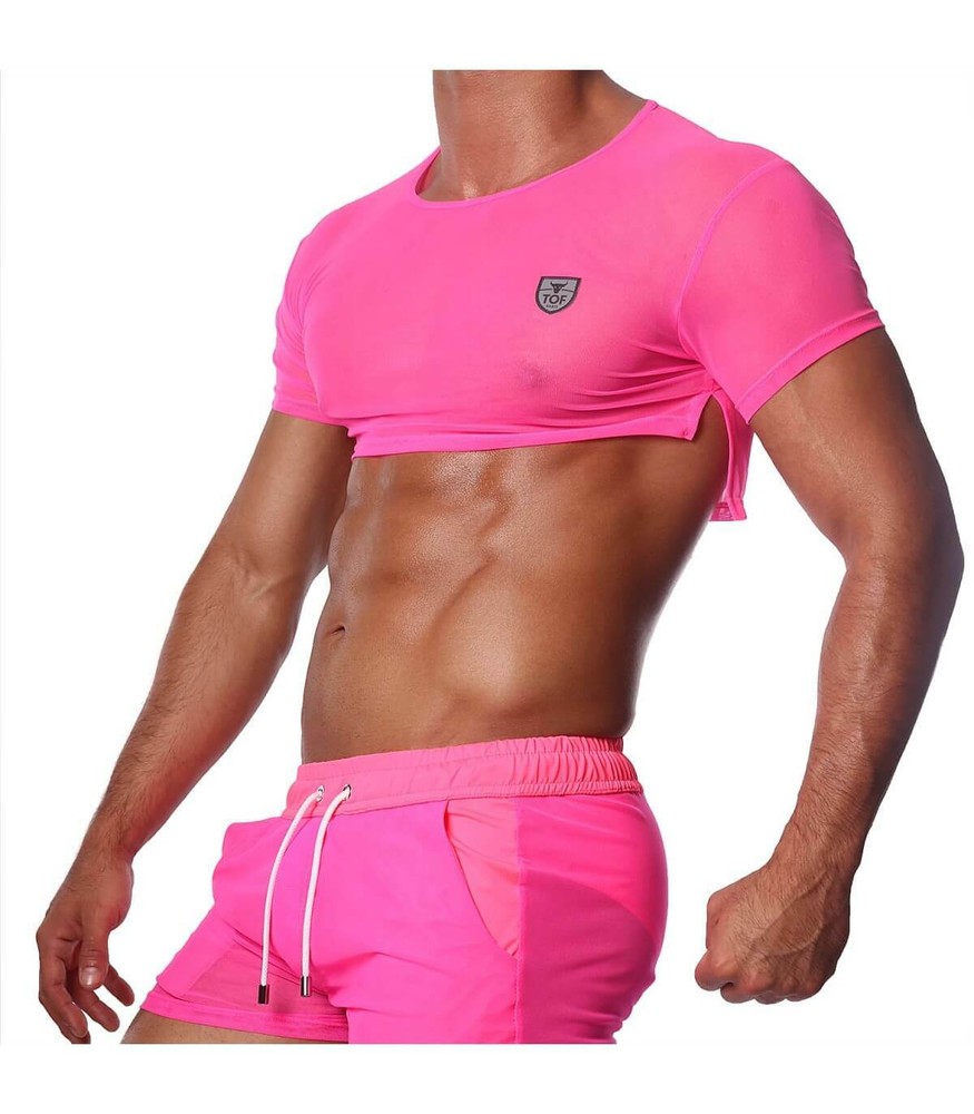 TOF PARIS Crop Top Very Soft Round Collared Shirt Neon Pink 19