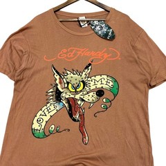 Ed Hardy Mens XL Love Me Wolf Rhinestone Graphic T-Shirt Terracotta Brown NWT