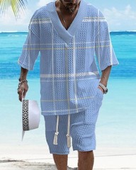 Beach Loose Print V-neck Mens Knitted Short-sleeved Short-shorts Set Casual 2pcs