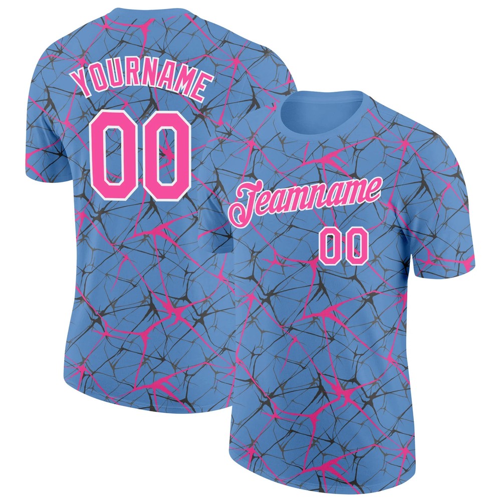 Custom Light Blue Pink Abstract Crackle Sports Tee Personalized Team Jersey