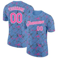 Custom Light Blue Pink Abstract Crackle Sports Tee Personalized Team Jersey