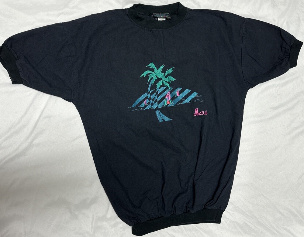 Vintage Shirt Elastic Waist Band And Sleeves Maui Hawaii Black Small Embroidered
