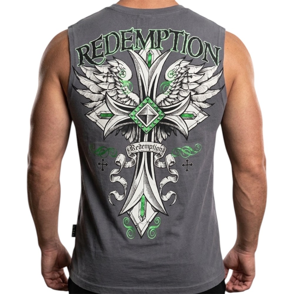 RAW STATE by AFFLICTION Charcoal CROSS TAPE Sleeveless Slim Fit Mens T-shirt